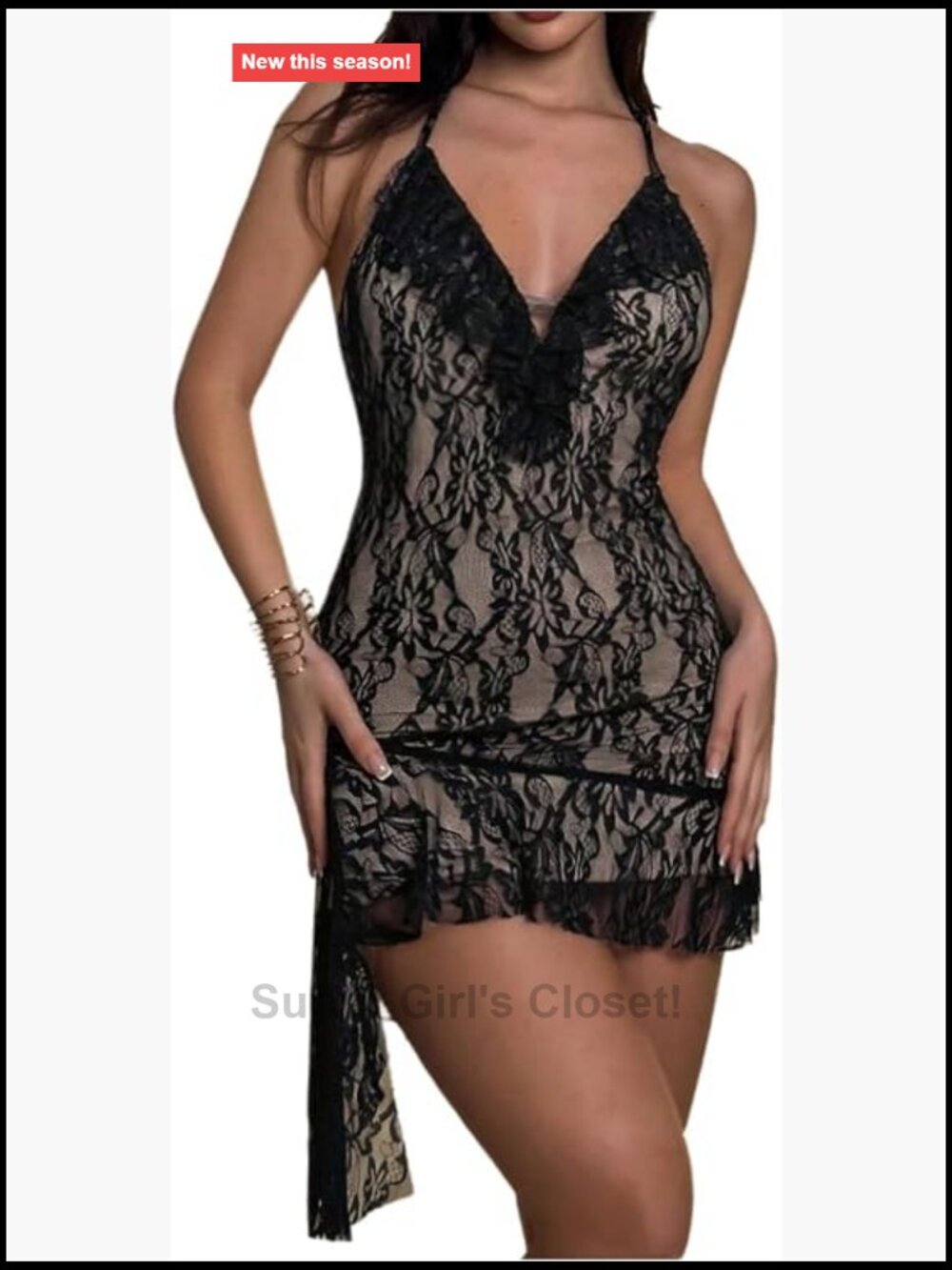 Sexy Floral Lace Halter Bodycon Mini Dress Deep V Tie Back Sleeveless Club Party
